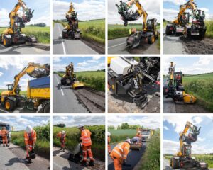 Photos showing the process of filling a pothole using the JCB Hydradig pothole pro